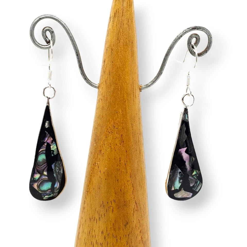 Mexican Abalone Shell Inlay Mosaic Earrings – Silver Plated Teardrop Dangle Foto 2 de 4