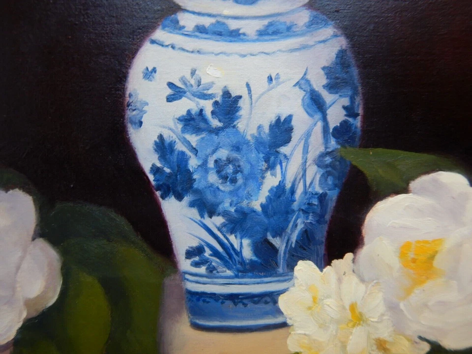 AUSTRALIAN OIL PAINTING STILL LIFE BLUE AND WHITE BEAUTY BY JOAN McLEAN P18 - image 3 of 4