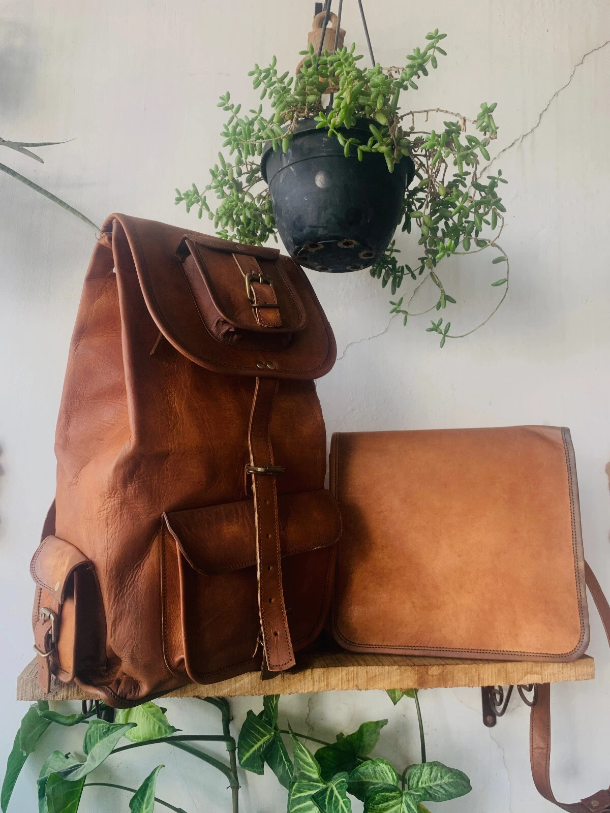 Free Refined Leather Backpack Bag Rucksack Laptop Brown Goat Travel Men's New