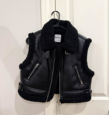 Bershka Black Biker Vest Full Zip Lined Pockets Buckle Women's Size S