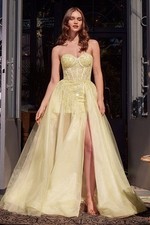 Strapless Glitter Corset Gown with Tulle Overskirt and Slit CDA1381