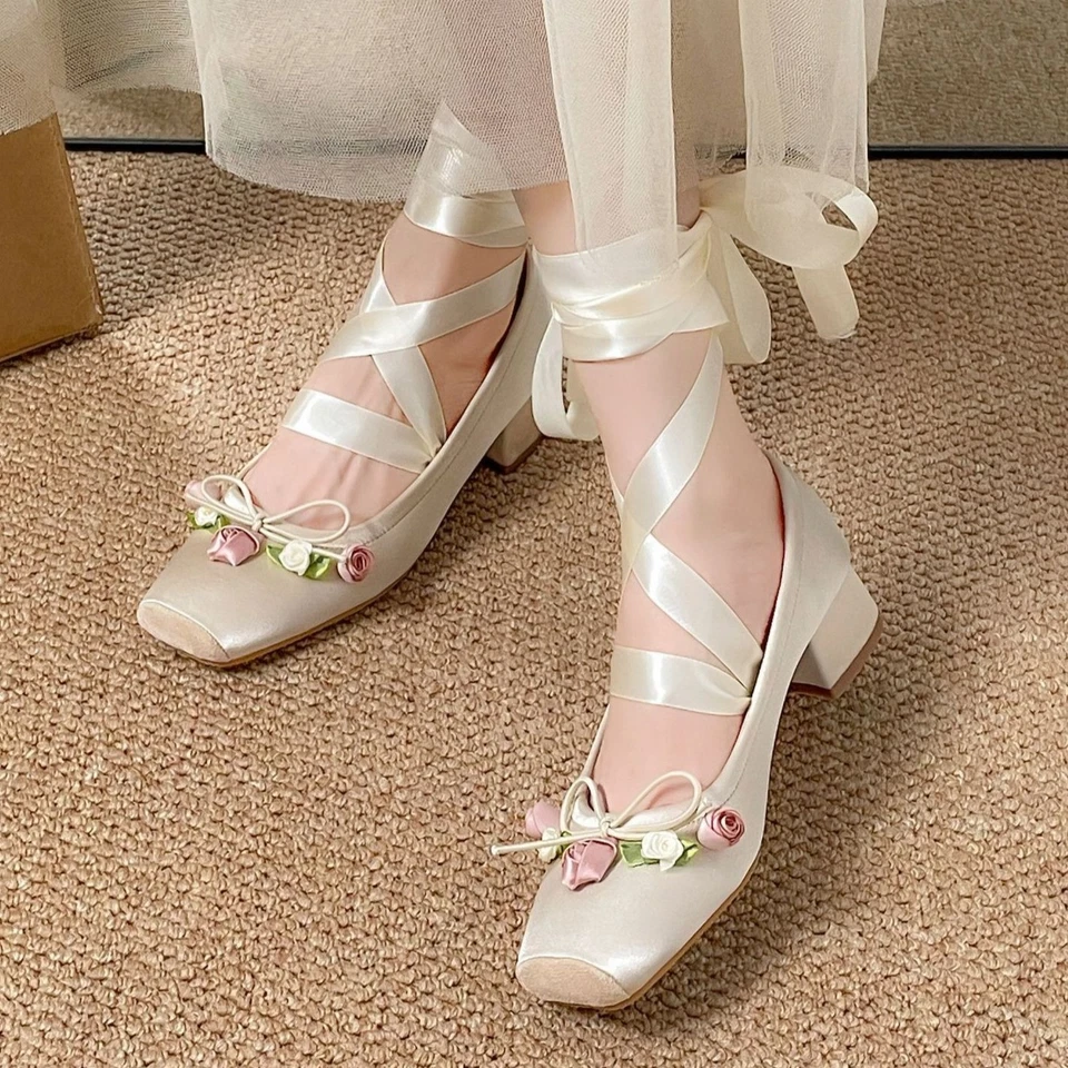 Ballet Shoes Women's Cross Straps Chunky Heels Mary Jane Satin Silk Rose Flower - Image 3 of 4