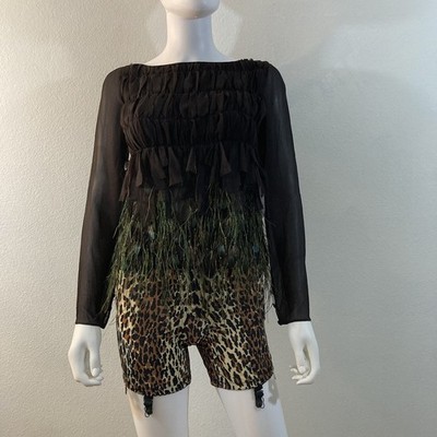 Max Mara Women's Long Sleeve Silk Feather Trim Top Size 2