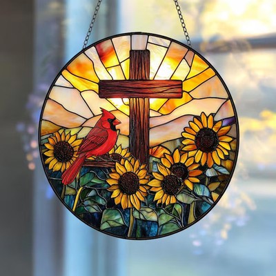 Personalized Cardinal Cross Sunflower Suncatcher Glass Memorial Gift Decor