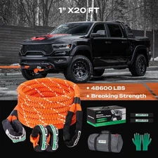 Kinetic Recovery Rope 1" x 20ft  Tow Rope 48600 LBS w/ 2 Soft Shackles Orange