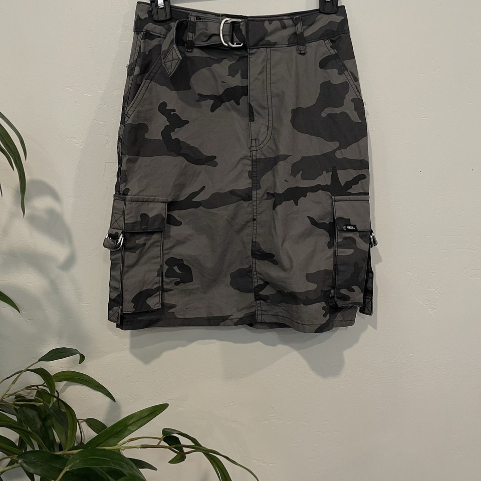 Vans Cobra Cargo Skirt Women 24 Gray Camouflage Belted Pocket Mini Grunge 