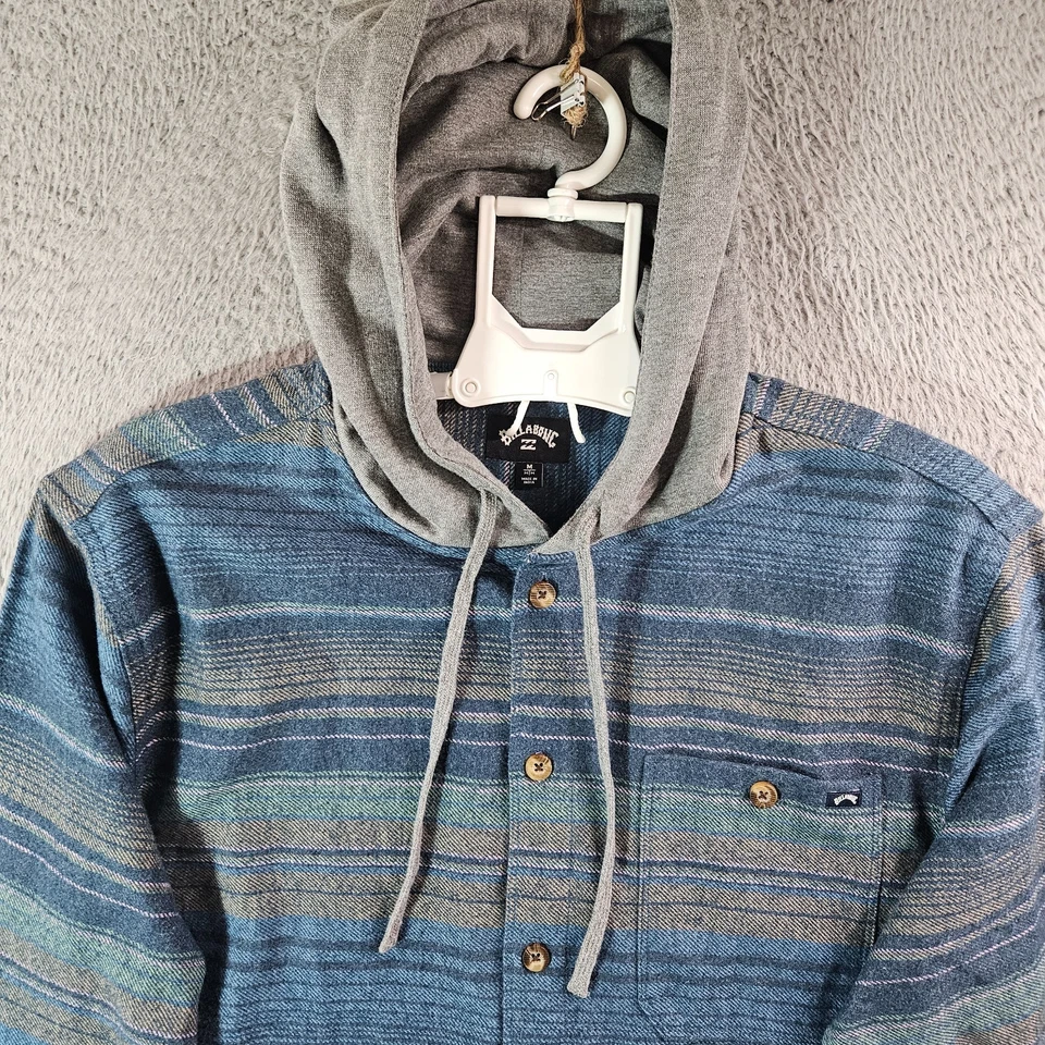 $75 NEW Billabong Hooded Flannel Shirt Jacket Men Medium Gray Blue Striped - Image 3 of 4