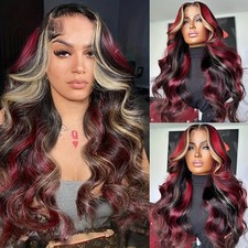 Long Wavy Hair Blonde Reddish Highlights Ombre Mixed Color Black Lace Front Wigs