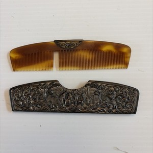Vintage Silver Plated Faux Tortoise Shell Comb & Holder Case