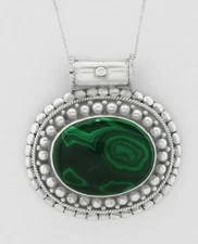 GENUINE 16.87 Cts MALACHITE SLIDE PENDANT NECKLACE .925 Silver * New With Tag