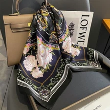 100% Silk 27" Square Scarf Women Neckerchief Wrap Kerchief Bandana Black Flower