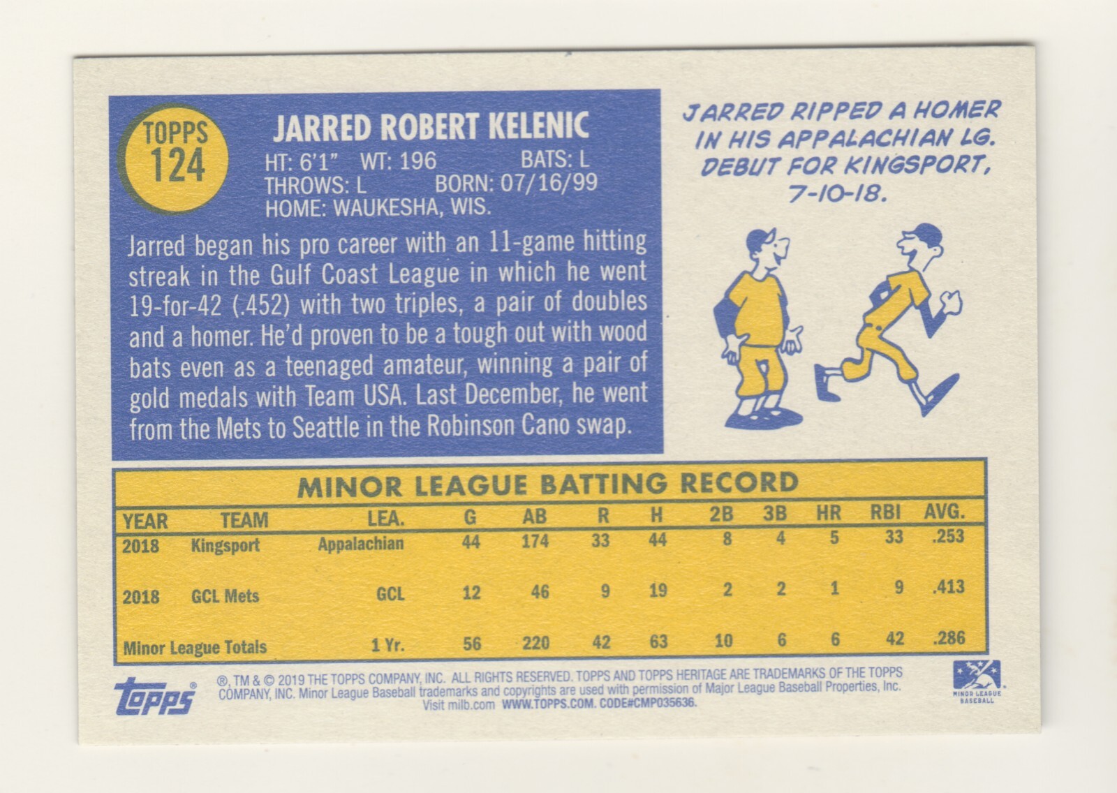2019 Topps Heritage Minors 124 JARRED KELENIC RC Rookie Seattle