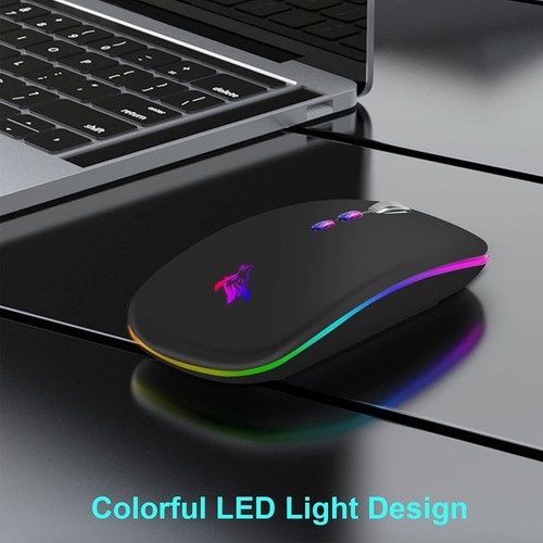 Black LED Wireless Mouse Slim Rechargeable Silent 2.4G Bluetooth USB Type C - Picture 2 of 8