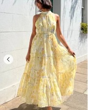 Multi floral print Organza feeling Halter neck maxi dress in Yellow Red