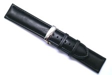 24mm Black Leather Padded Mens Watch Band With Silver Butterfly Clasp Extra Long