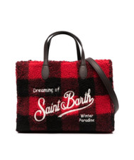 Mc2 St. Barth Women Red And Black Check Wool Leather Tote Bag Ladies Size New