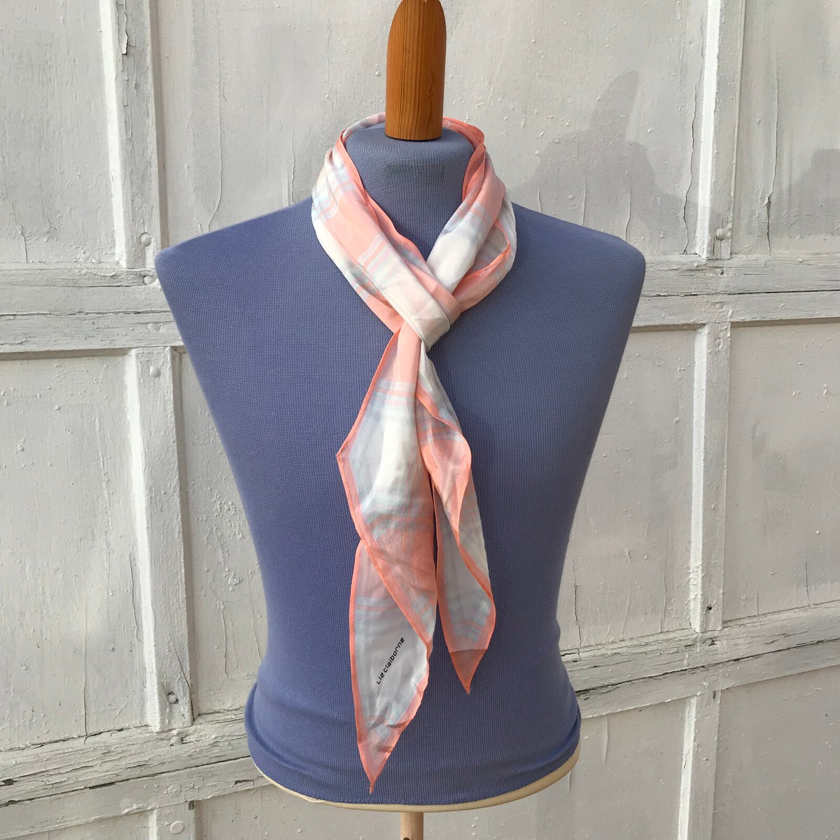 Liz Claiborne Coral Pink Plaid Silky Scarf Vtg Hair Bow Tie