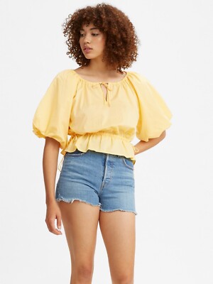 Levi's Calliope Puff Sleeve Blouse Top Womens L Yellow Drawstring