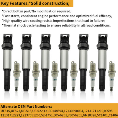6X Ignition Coil & 6 Spark Plug For BMW 325i 328i 330i 530i X3 X5 X6 UF515 UF522