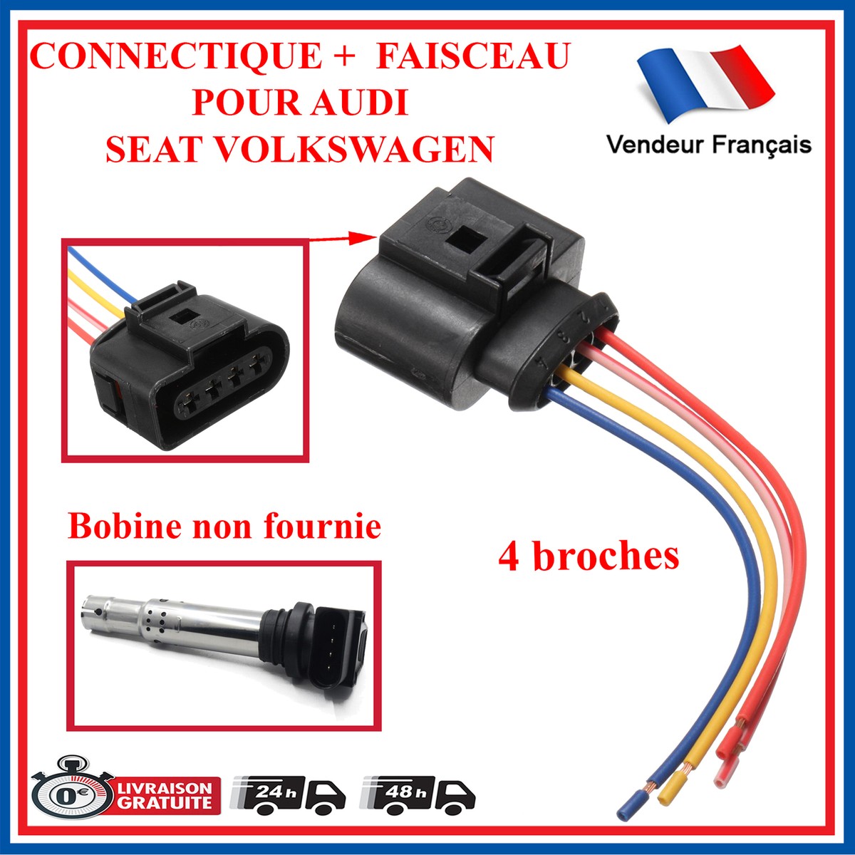 2 Connettori Bobina Accensione Auto Con Cavo - Ricambio 4 Pin 1J0973724 - Compatibile Con Molte Vetture - Foto 10