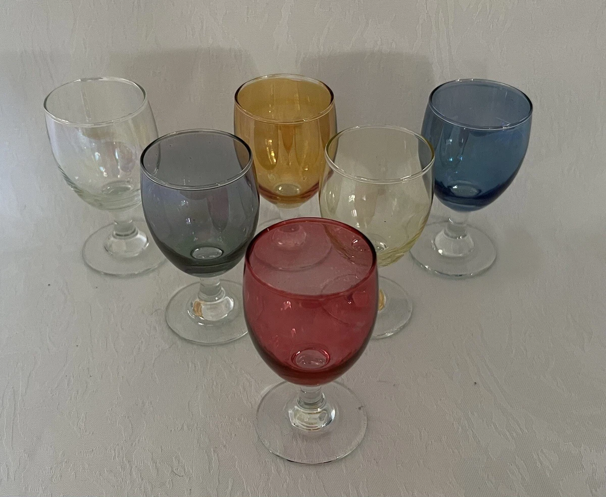 Harlequin liqueur glasses set, 6 multicoloured cordial glasses, Retro