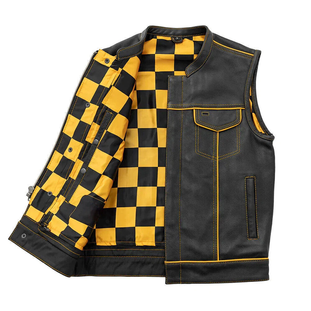 Men's Black Leather Vest Yellow & Black Checker Inner Motorbike Riding Waistcoat
Opens in a new wind