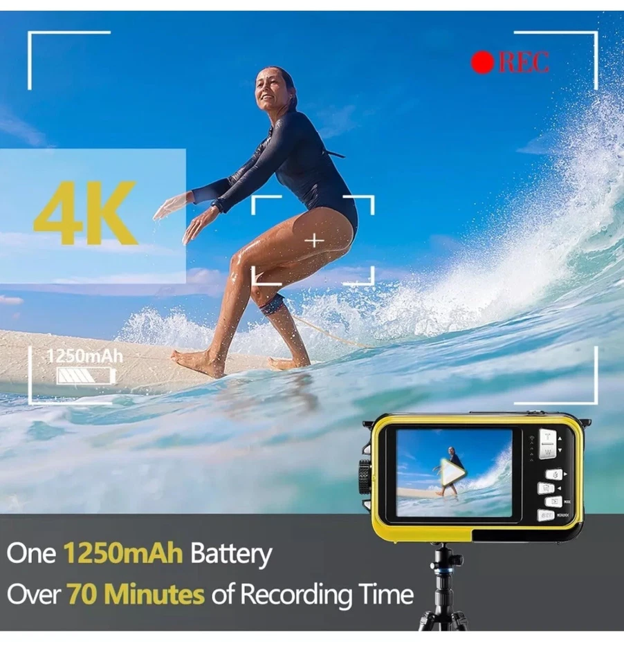 Подводная камера 4K 11 футов водонепроницаемая с картой 32 ГБ 48 МП автофокус двойной экран... - Изображение 3 из 4