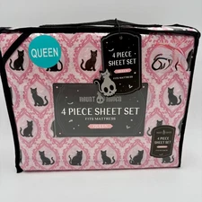 Haunt Haven Queen Sheet Set Pink Black Cat Halloween 4 Piece Bedding