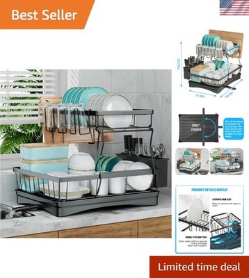 Luxury 2-Tier Dish Drying Rack - Detachable Utensil Holder, Black Elegance