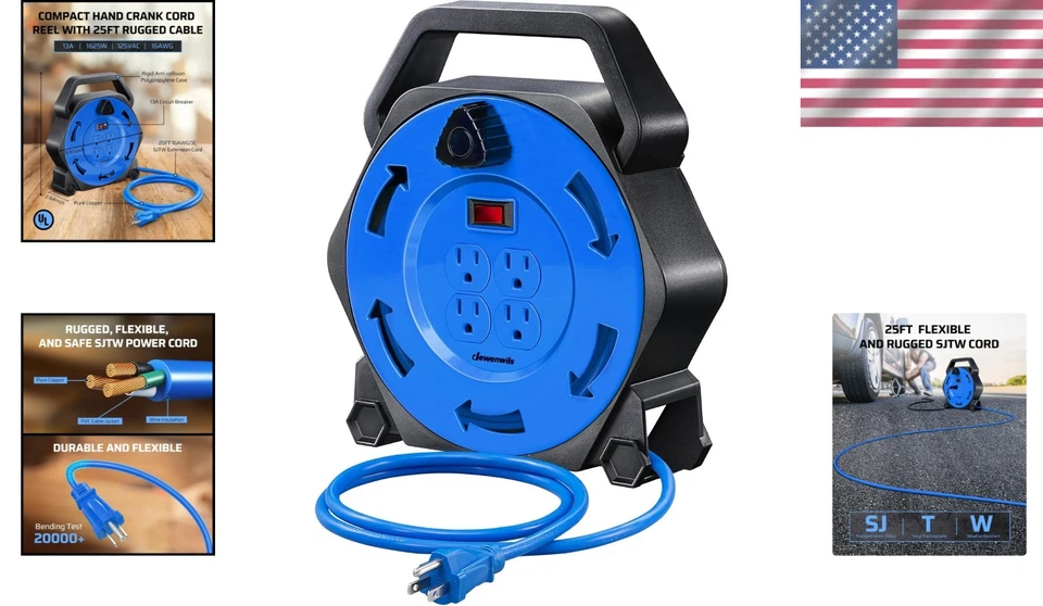 25 FT Retractable Extension Cord Reel with 4 Grounded Outlets & Circuit Breaker - Image 2 of 4