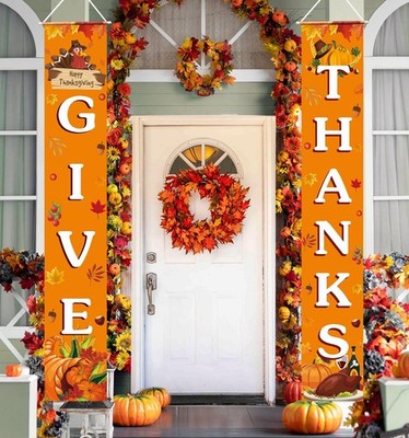 Thanksgiving Decorations GIVE THANKS Banner Porch Door Sign Autumn Orange 
