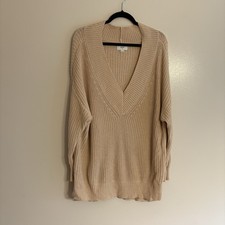 Aerie Women M Tan Ribbed Knit Slouchy Wide V-Neck Oversized Pullover Sweater