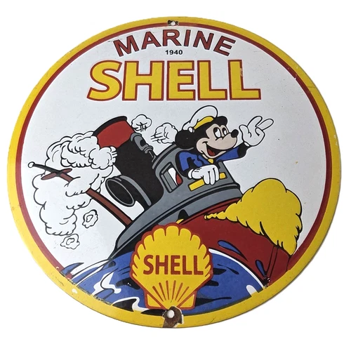 Vintage Shell Gasoline Sign - Mickey Old Steamboat Gas Oil Pump Porcelain Sign