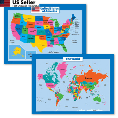 World Map and USA for Kids - 2 Poster Set - LAMINATED 18 x 24,