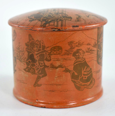ANTIKE RUNDE SCHMUCKAUFBEWAHRUNGSBOX AUS PAPPMACHÉ ASIATISCHES/ORIENTALISCHES DESIGN um 1900