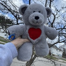 Vintage 1984 DAKIN Teddy Bear Plush Gray Red Heart Stuffed Animal Squeaks