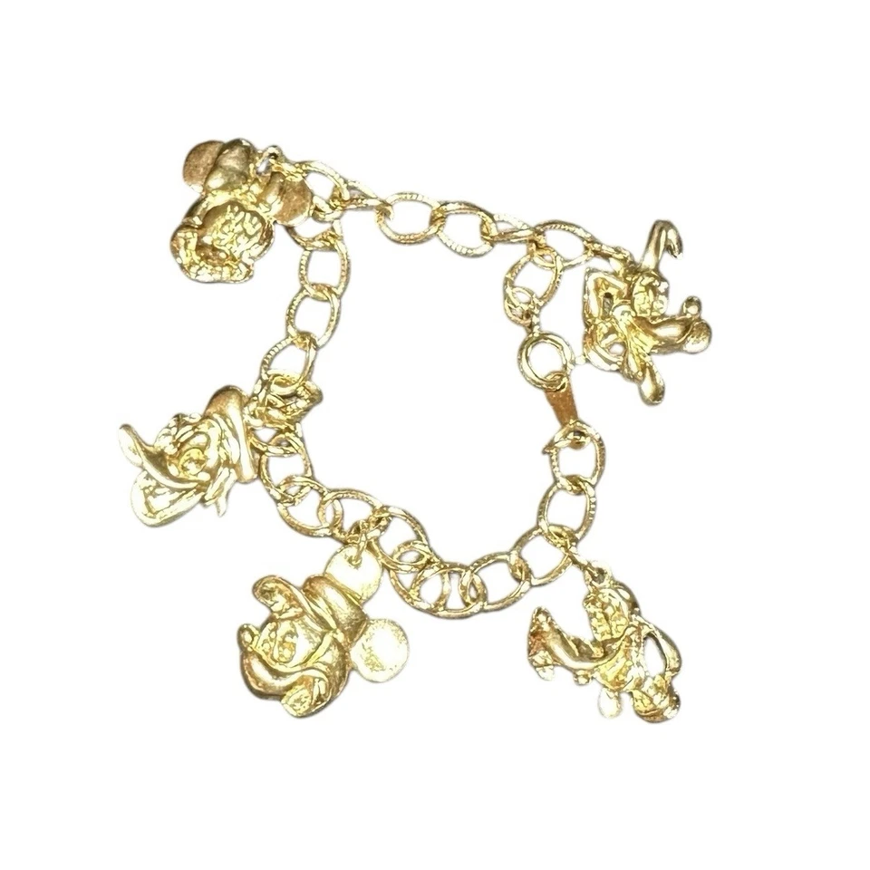 PULSERA DE COLECCIÓN DISNEY Oro Tn MICKEY Minnie Friends Charm Donald Pluto Goofy 6.5” Foto 2 de 4