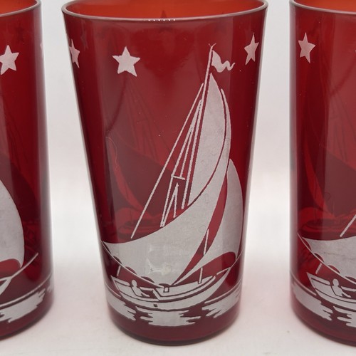 Set of 3 Vtg 10 Oz MCM HAZEL ATLAS 4-3/4" Red Glass Tumblers Ship Sailboat - Picture 3 of 9