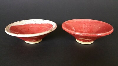 handmade studio footed bowls art pottery red spotted   *  set of 2