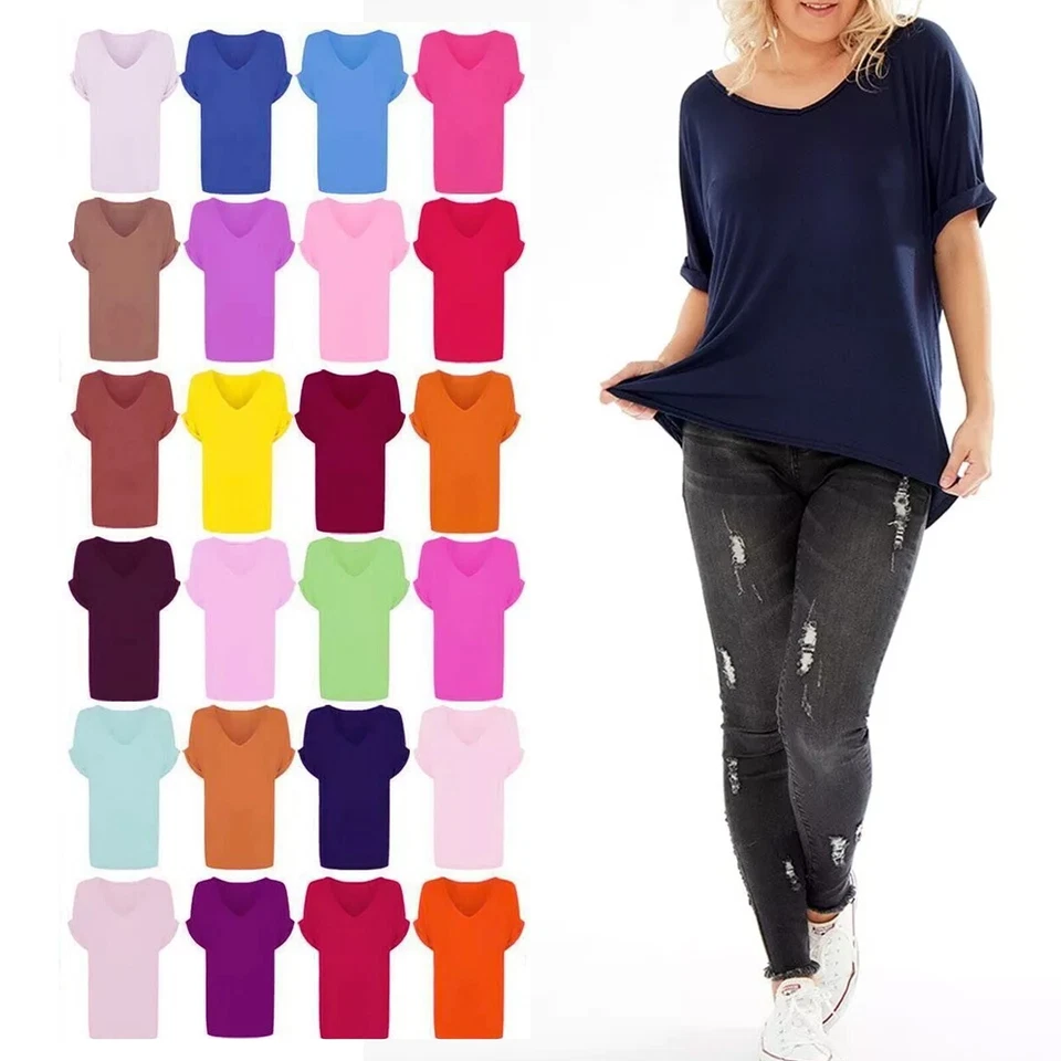 SMU Women Fit Turn up Batwing Sleeve Top Ladies Oversized Baggy Loose T-Shirt V Neck