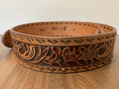 小物 Justin TOP GRAIN COWHIDE Vintage Justin Top Grain Cowhide Tooled Belt Western Size 30 880D