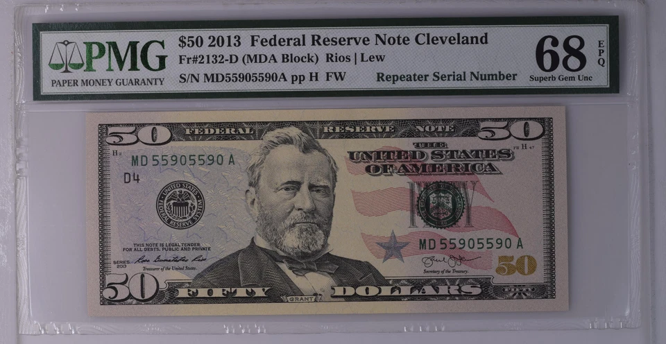 [REPEATER S/N] FRN $50 2013 FR2132D PMG 68 SUPERB GEM UNC EPQ FANCY NO. 55905590 - Image 3 of 4