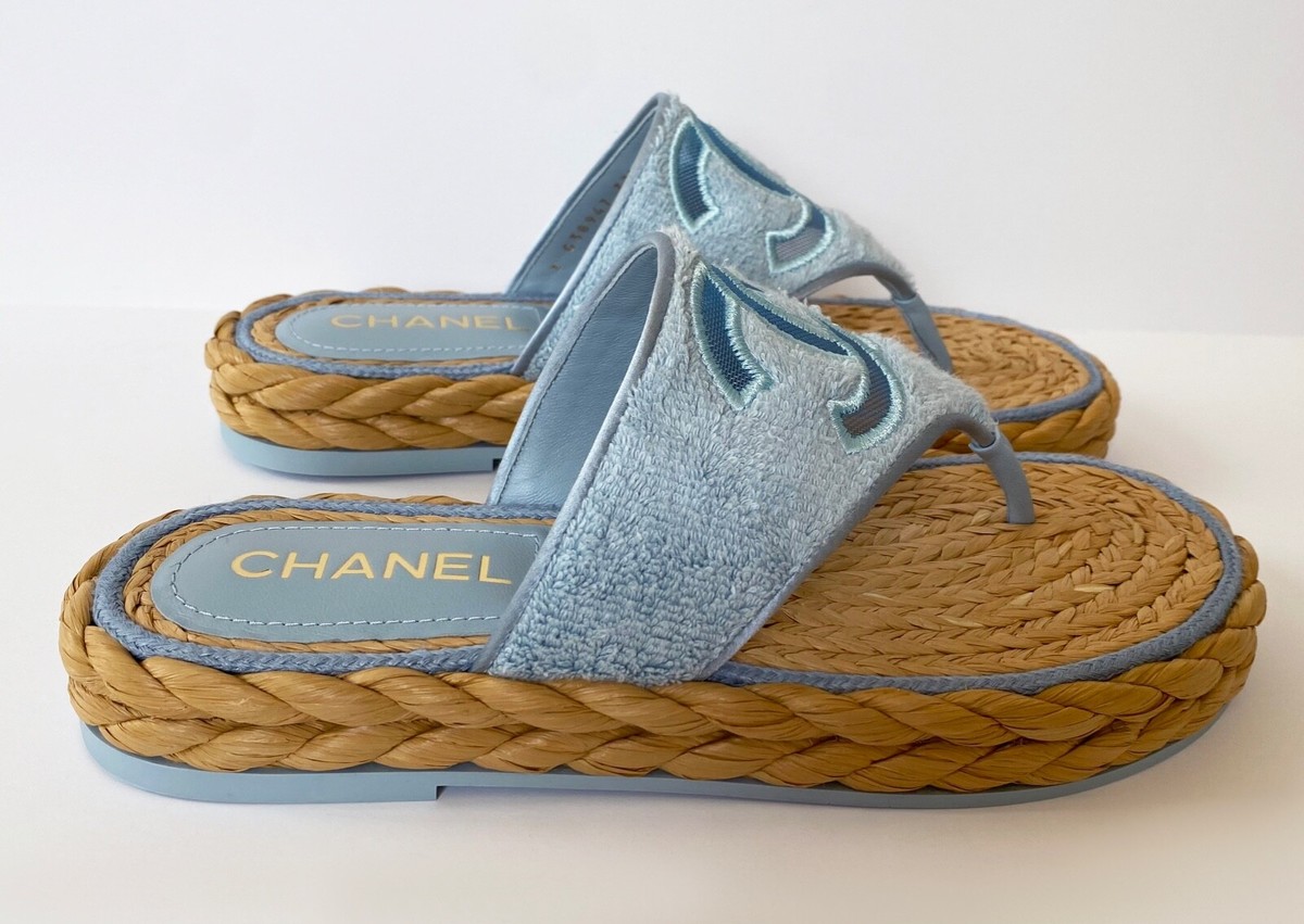NEW 22P CHANEL BLUE THONGS FLATS SANDALS FABRIC MESH 37.5 | eBay