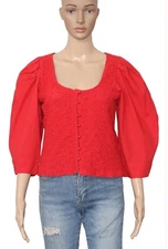 By Anthropologie Smocked Cardigan Top Red Buttondown Blouse Round Neck New M