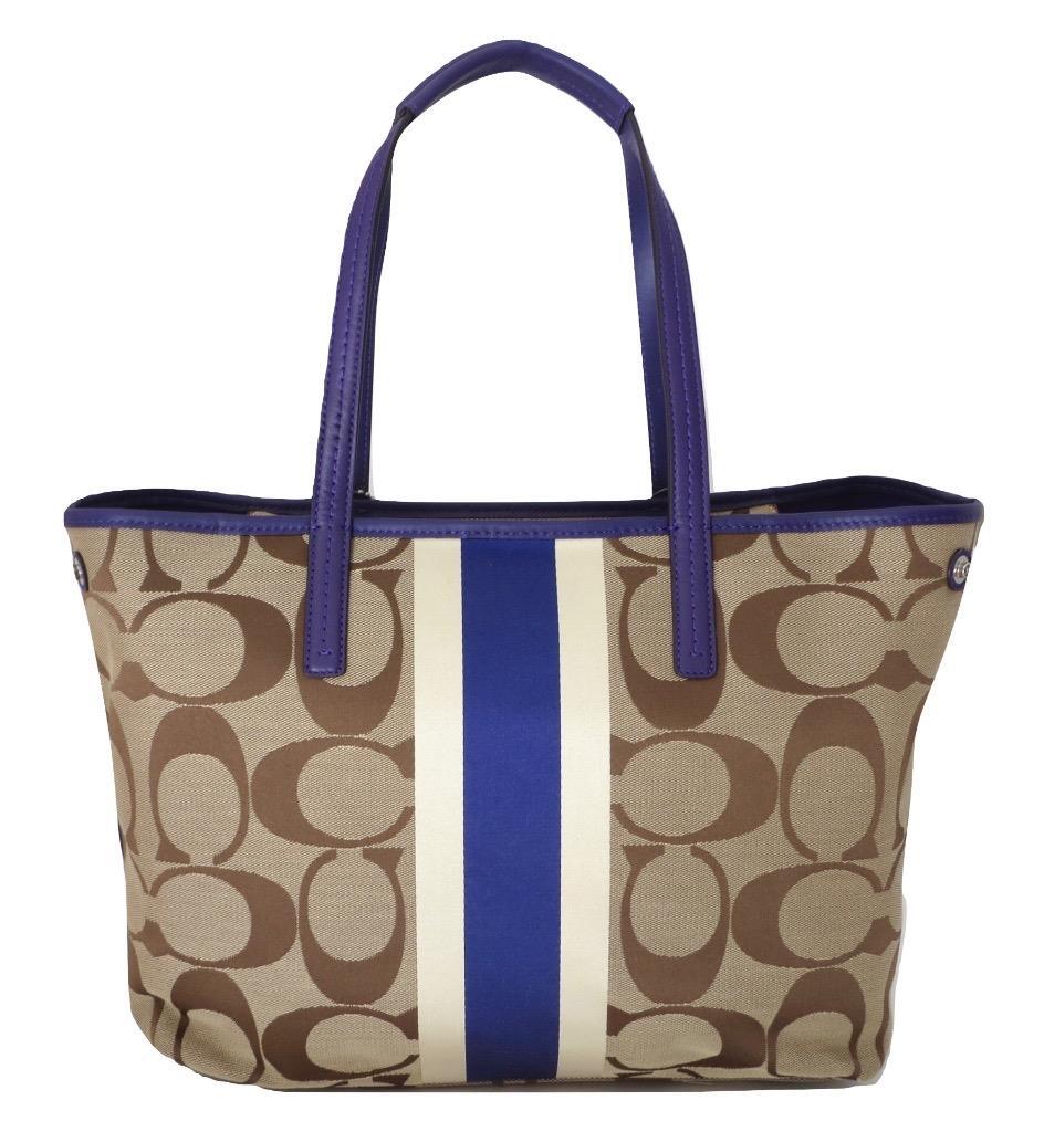 New NWT Coach Hamptons Khaki Ivory Purple Signature Stripe Tote