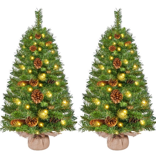 2Er-Set KüNstlicher Weihnachtsbaum Tannenbaum Mit Led-Lichtern & Tannenzapfen-image