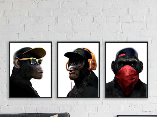 three wise monkeys wall art set of 3 prints see hear speak no evil A3 A4 8x10 - Picture 9 of 9