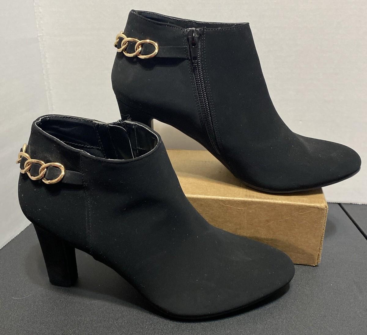 IMPO Tesalyn Black Heel Block Ankle Boots Gold Chain Detail Women's M