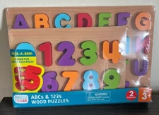 New in Pkg CHUCKLE & ROAR Set of 2 WOOD PUZZLES Children's ABCs & 123s AGES 3+