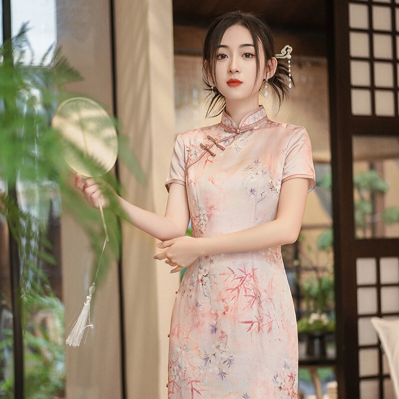Ladies Chinese Light Pink with Blossom Prints Lined Long Dress Cheongsam Qipao | eBay UK Ladies Chinese Light Pink with Blossom Prints Lined Long Dress Cheongsam Qipao | eBay UK